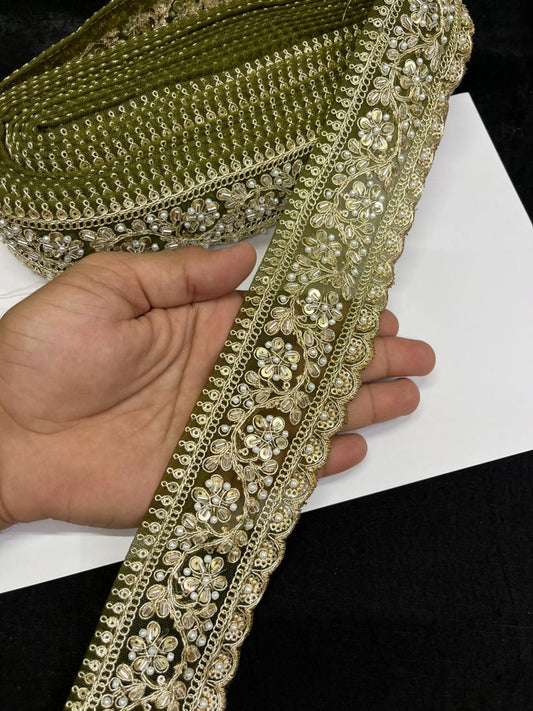 Rich Maggam Work Saree Border Lace for Blouses, Lehengas & Dresses – Designer Handcrafted Embroidered Lace (2.5 Inch) | Mahendi