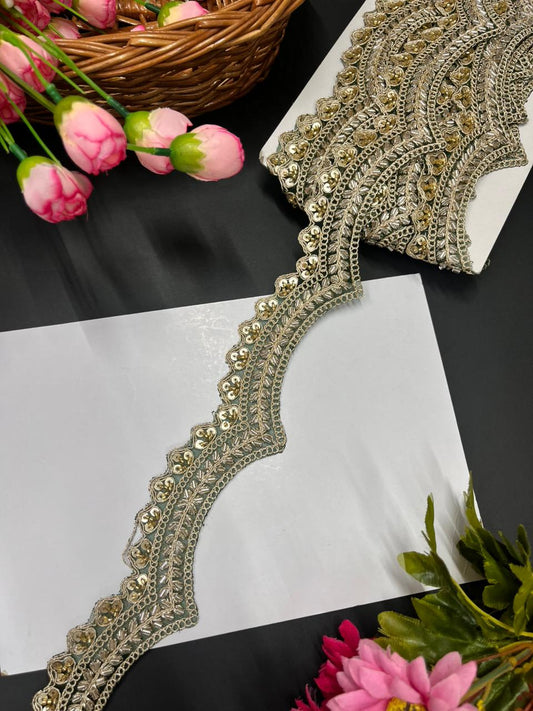 Scalloped Maggam Work Saree Lace Borders on Net Fabric – Designer Embroidered Trim for Sarees & Lehengas (9 Meter, 2 Inch Width) | Mahendi