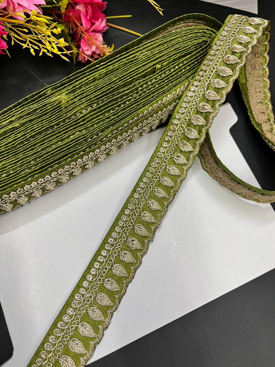 Embroidered Zari Lace Border for Saree, Lehenga & Craft Projects – Designer 1 Inch Embroidery Lace for Ethnic Wear (9 Meter) | Mahendi
