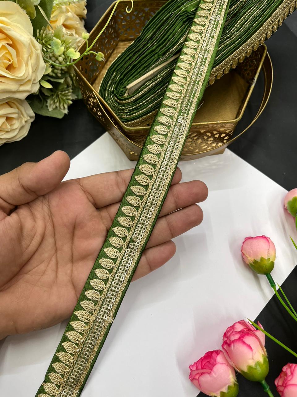 Elegant Embroidered Silk Saree Lace Borders – Premium 1 Inch Designer Border for Dupattas, Lehengas & Festive Wear (9 Meter) | Mahendi