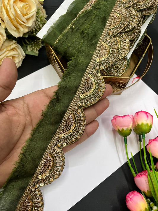 Scalloped Zardosi Work Handmade Saree Borders – Premium 1.5 Inch Maggam Work Lace for Bridal & Festive Wear (9 Meter) | Mahendi
