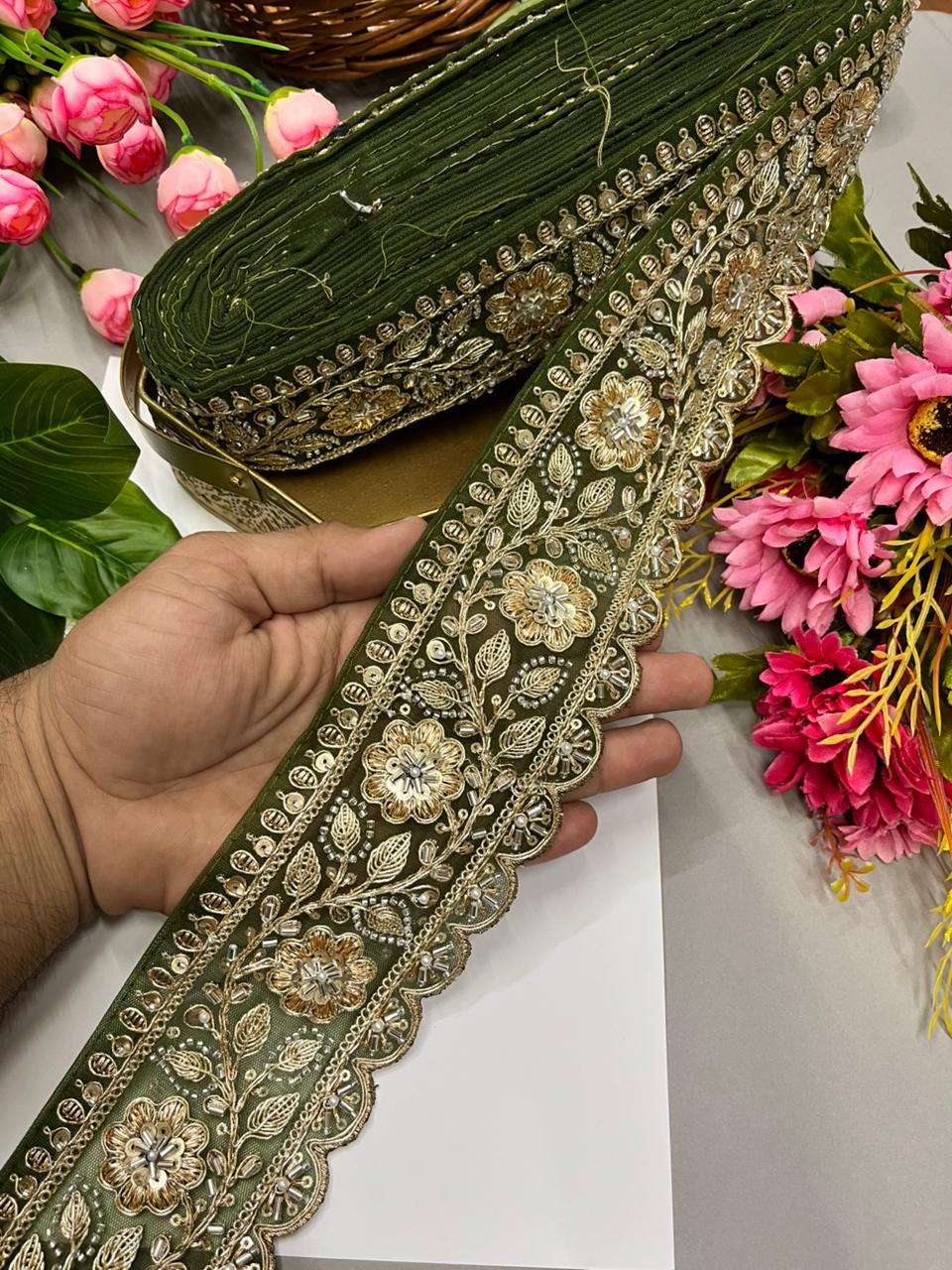 Designer Bridal Saree Lace Border – Premium 3 Inch Handcrafted Maggam Work Decorative Border for Wedding & Festive Wear (9 Meter) | Mahendi
