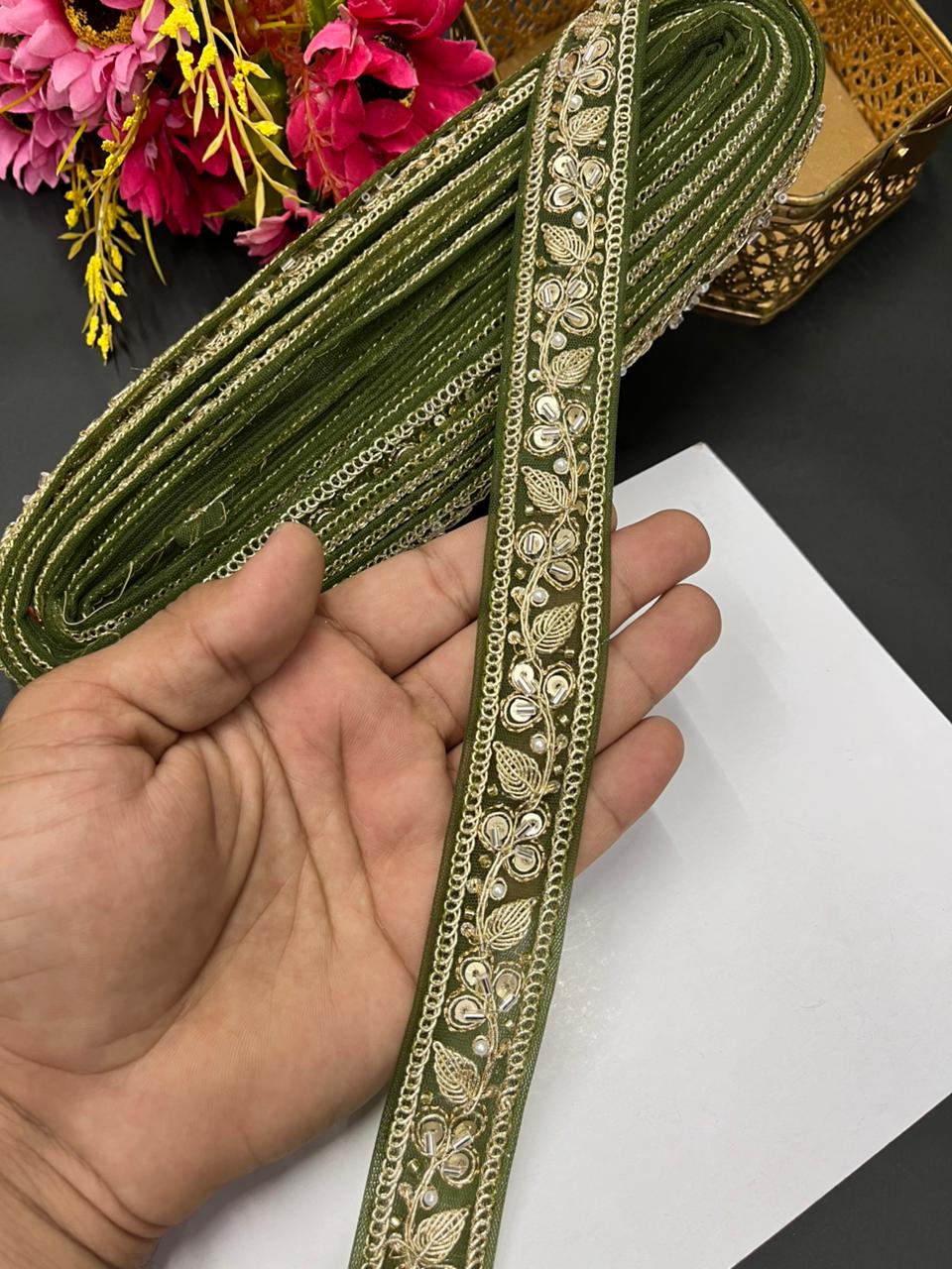 Pearl Zari Embroidered Net Lace – Designer Maggam Work Border for Sarees, Lehengas & Dupattas (9 Meter, 1 Inch Width) | Mahendi