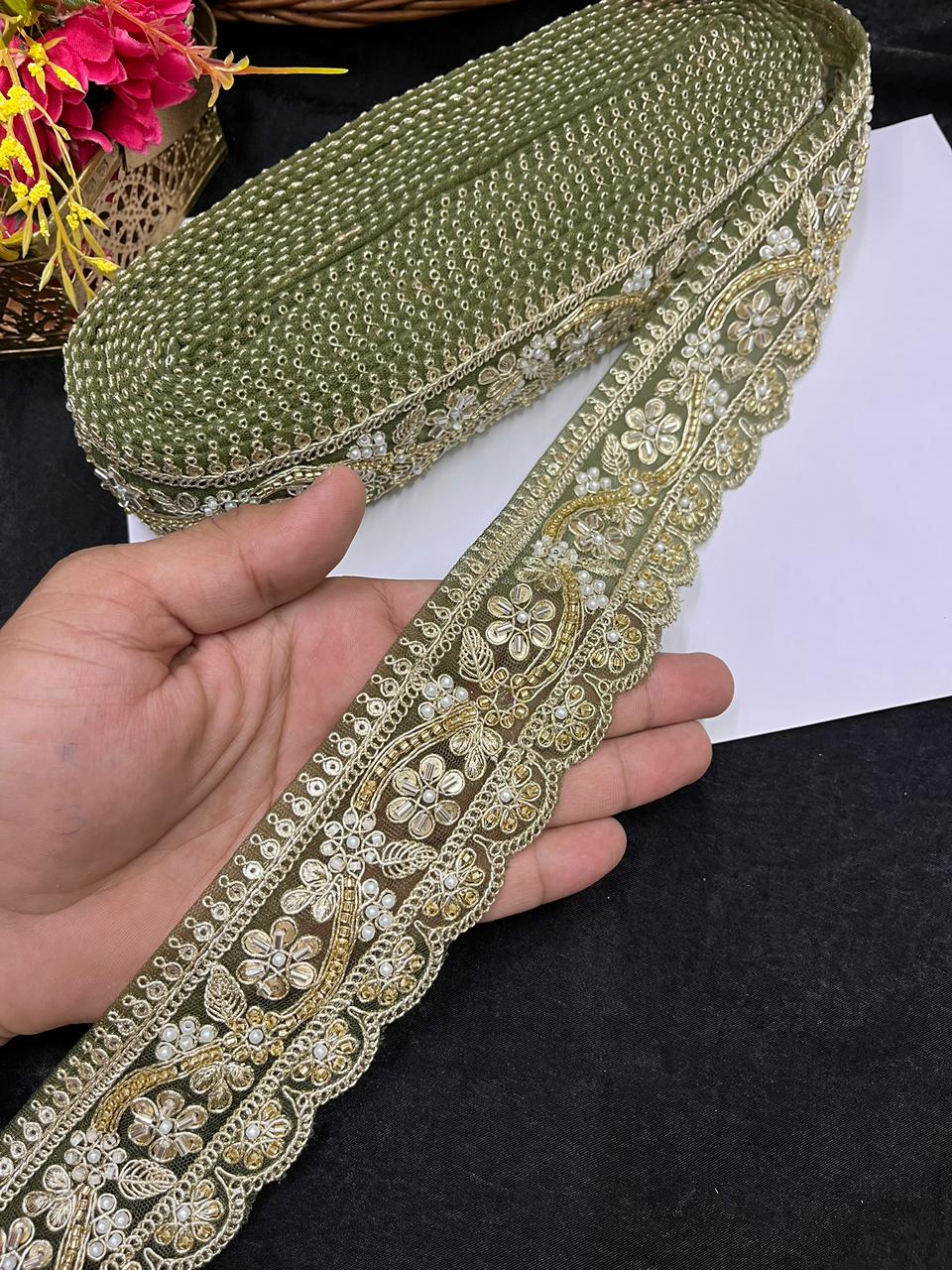 Designer Maggam Work Saree Border on Net Fabric – Handcrafted Embroidered Lace for Sarees, Blouses & Lehengas (2 Inch) | Mahendi