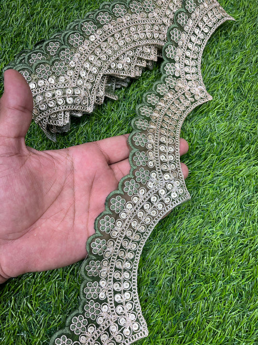 Embroidery Scallop Lace | Sequins Embellishment Trim | Craft Decorative Saree Lace – 9 Meters, 2-Inch Width | Mahendi