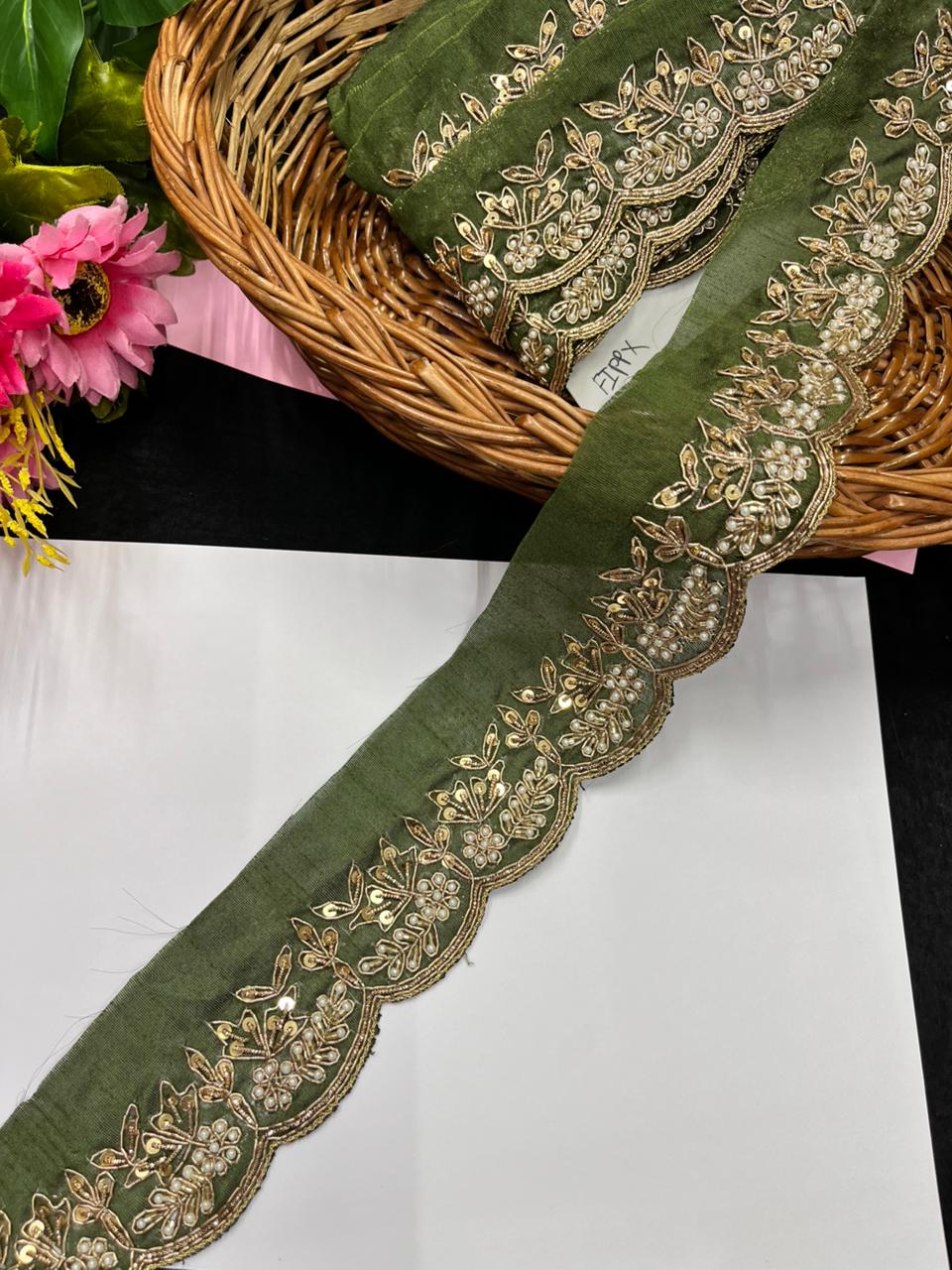 Handmade Scalloped Zardozi & Pearl Maggam Work Saree Lace Borders – Premium Bridal Maggam Lace | Mahendi