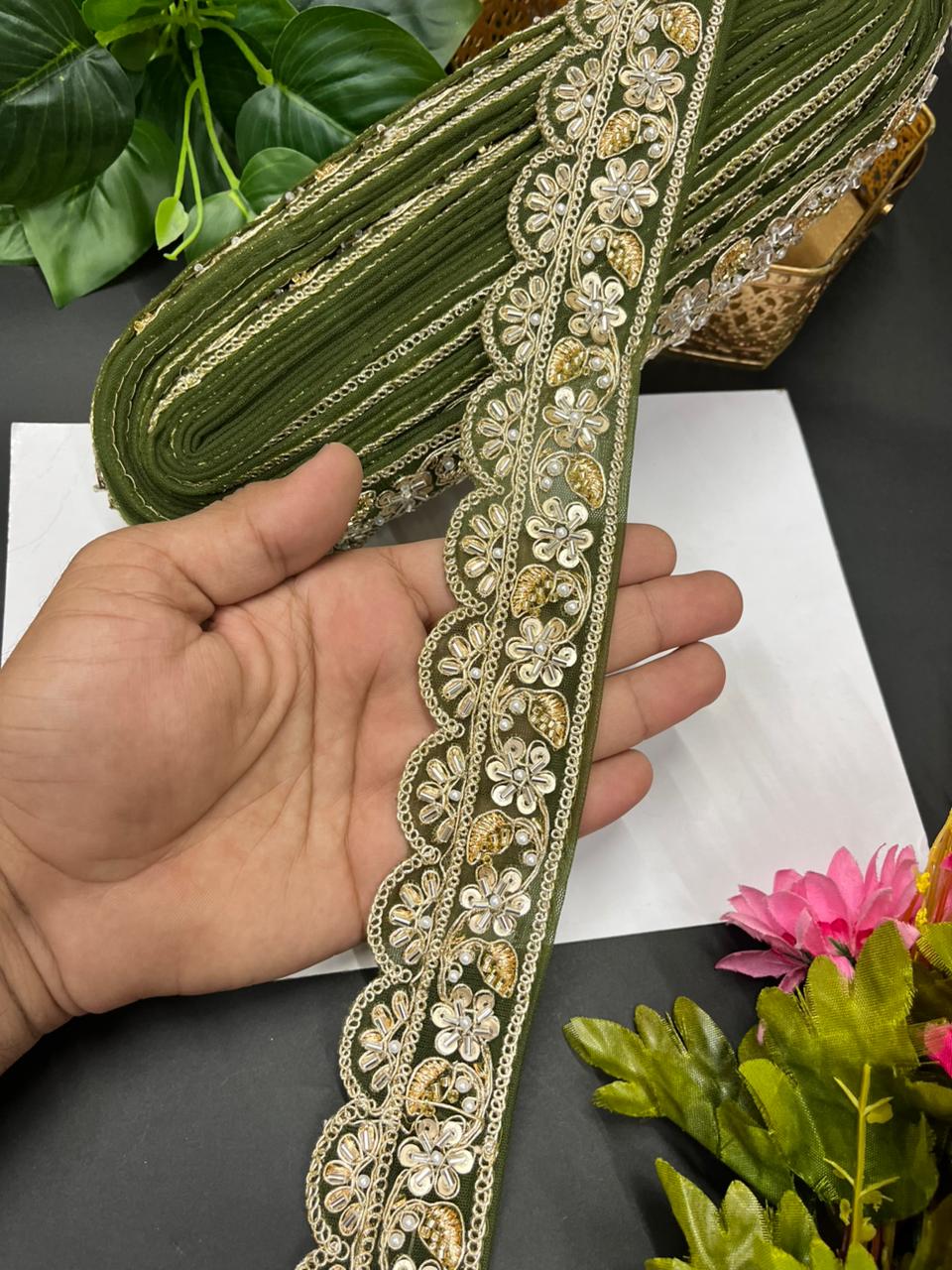 Exclusive Bridal Katdana Bead Work Laces – Designer Maggam Work Borders for Sarees, Lehengas & Dupattas (9 Meter, 2 Inch Width) | Mahendi
