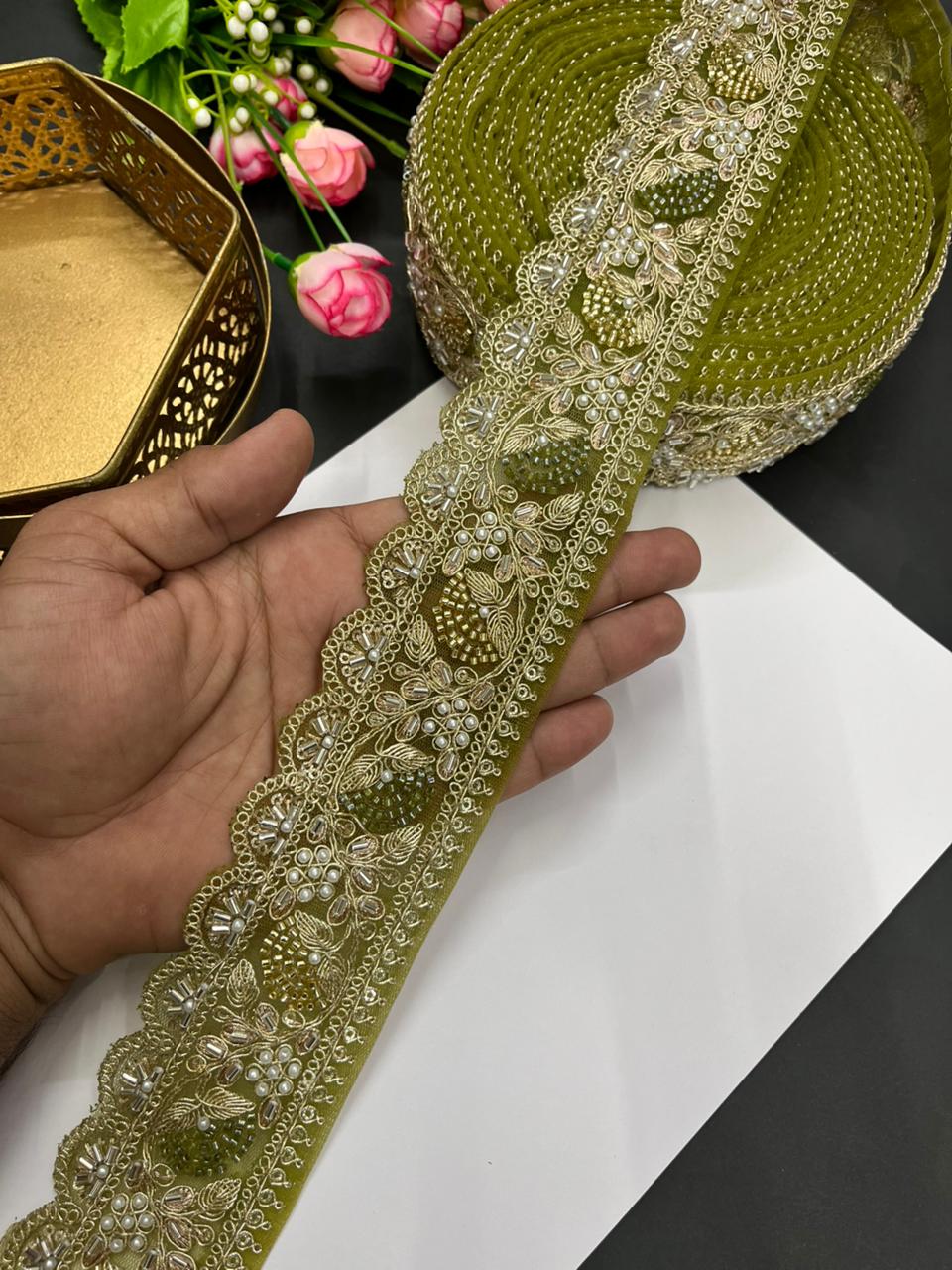 Designer Beaded Net Based Maggam Work Lace for Sarees – Premium 2 Inch Hand-Embellished Border for Lehengas & Bridal Wear (9 Meter) | Mahendi