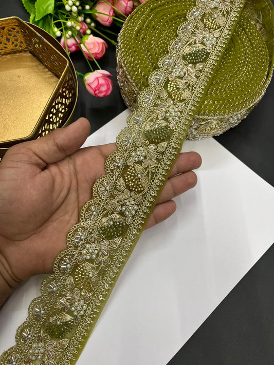 Designer Beaded Net Based Maggam Work Lace for Sarees – Premium 2 Inch Hand-Embellished Border for Lehengas & Bridal Wear (9 Meter) | Mahendi