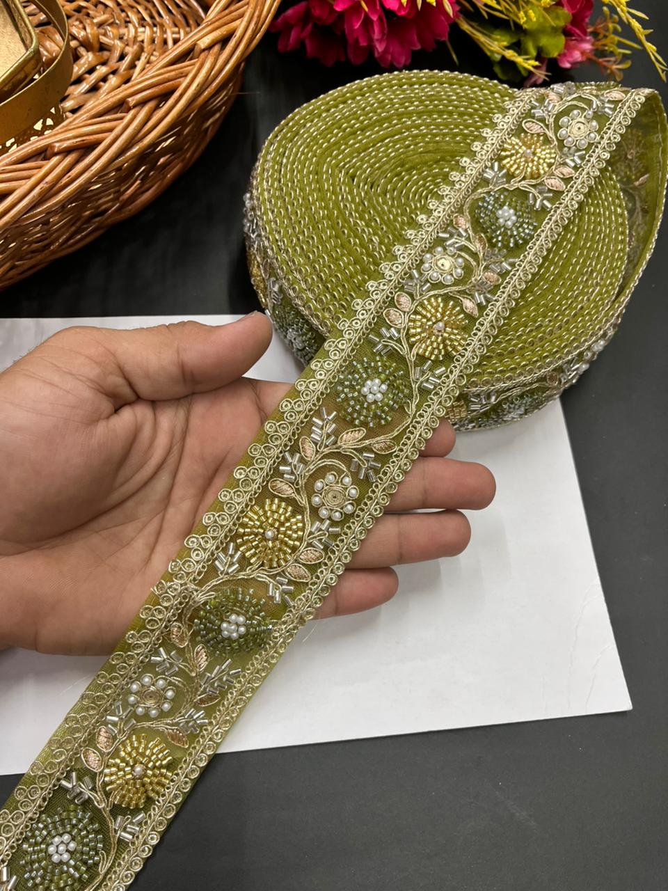 Beaded Bridal Laces Collection – Premium Maggam Work Designer Borders for Sarees, Lehengas & Dupattas (9 Meter, 2 Inch Width) | Mahendi