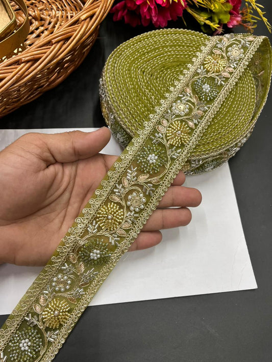Beaded Bridal Laces Collection – Premium Maggam Work Designer Borders for Sarees, Lehengas & Dupattas (9 Meter, 2 Inch Width) | Mahendi