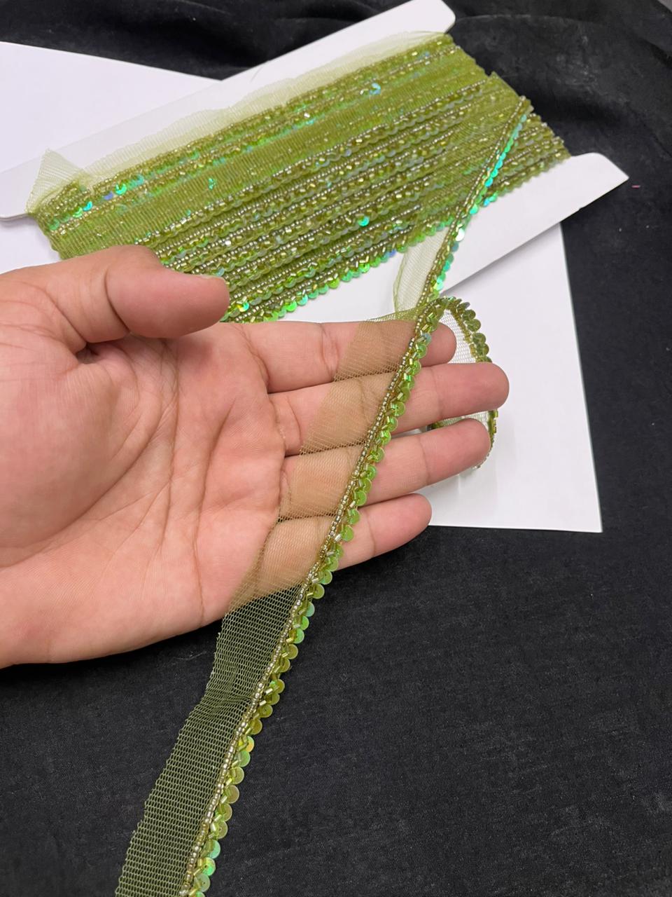 Handmade Sequins Lace Trim for Sarees, Blouses & Dresses – Narrow Handwork Embroidered Lace Border (1 cm) | Mahendi