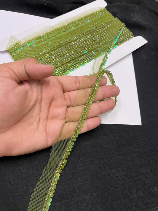 Handmade Sequins Lace Trim for Sarees, Blouses & Dresses – Narrow Handwork Embroidered Lace Border (1 cm) | Mahendi