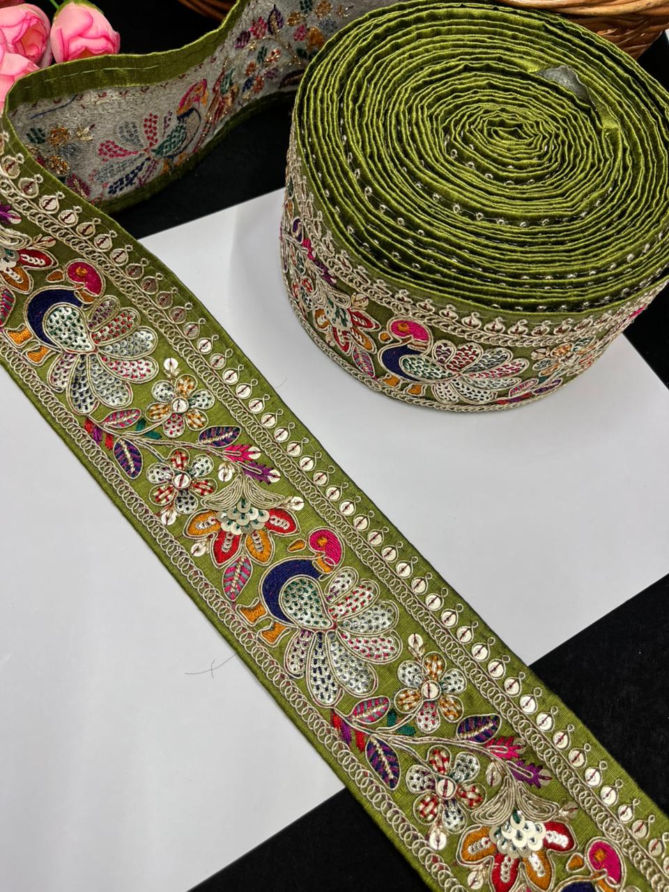 Peacock Design Sequins Work Embroidered Lace Designs – Premium Designer Embroidered Lace | Mahendi