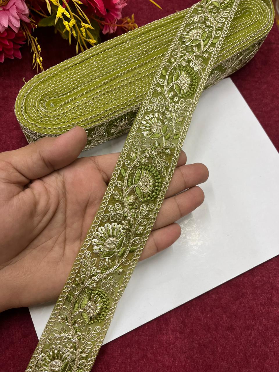 Sequins Work Zari Embroidered Laces – Premium Designer Borders for Sarees, Lehengas & Dupattas (9 Meter, 1.5 Inch Width) | Mahendi