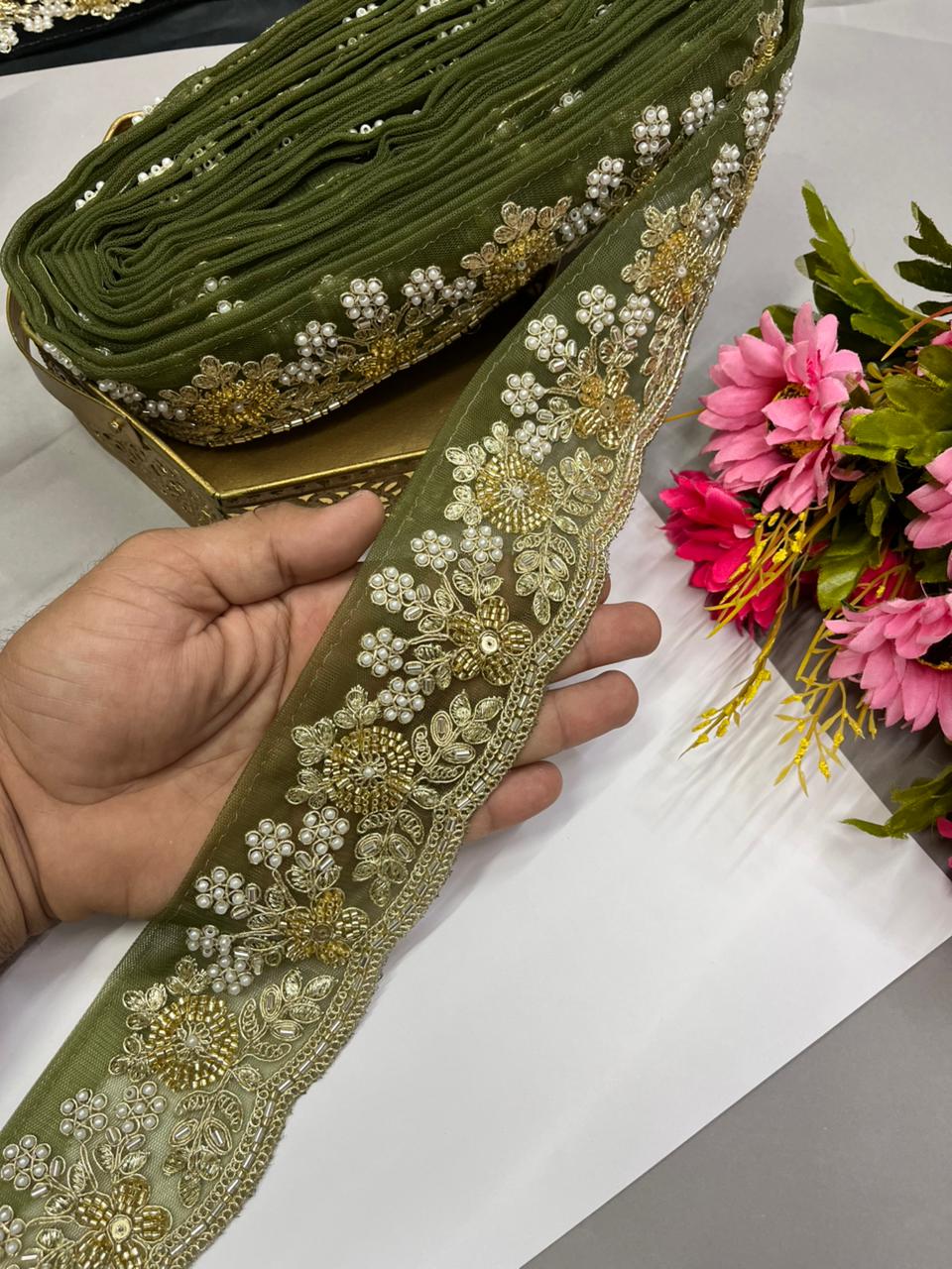 Luxurious Beaded Cutdana Bridal Dupatta Lace | Maggam Saree Laces – Designer Embellished Border (9 Meter, 2.5 Inch Width) | Mahendi