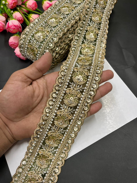Luxurious Beaded Cutdana Bridal Saree Laces – Heavy Maggam Work Borders for Sarees, Dupattas & Lehengas (9 Meter, 2.5 Inch Width) | Mahendi