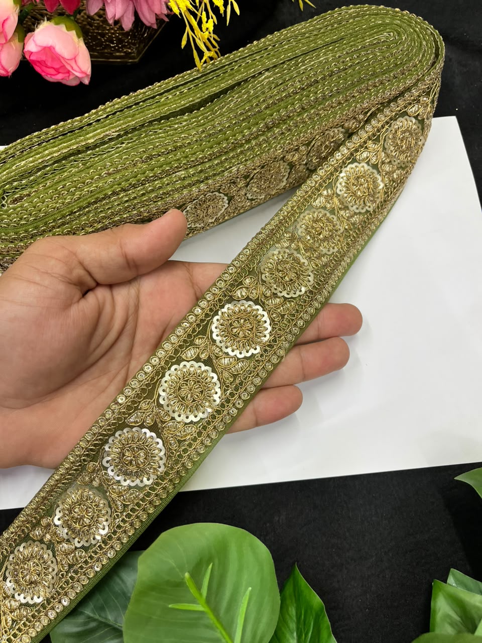Golden Zari Embroidered Lace on Net Fabric for Sarees, Lehengas & Dupattas – Designer Embroidered Lace Border (1.5 Inch) | Mahendi
