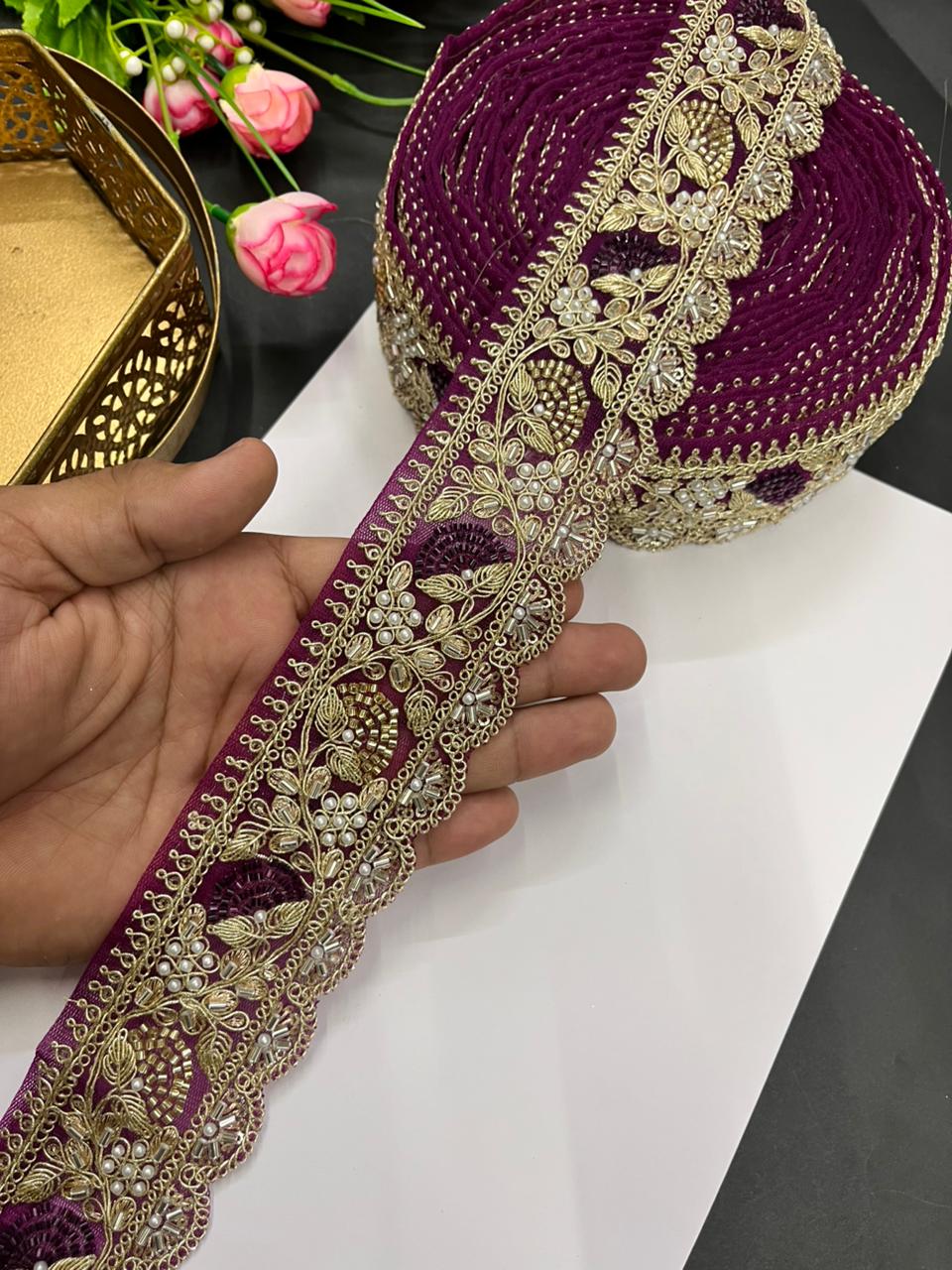 Designer Beaded Net Based Maggam Work Lace for Sarees – Premium 2 Inch Hand-Embellished Border for Lehengas & Bridal Wear (9 Meter) | Majanta