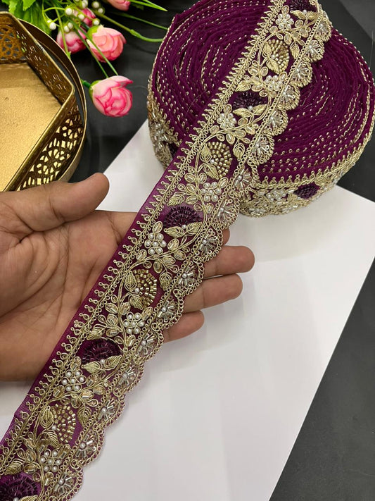 Designer Beaded Net Based Maggam Work Lace for Sarees – Premium 2 Inch Hand-Embellished Border for Lehengas & Bridal Wear (9 Meter) | Majanta