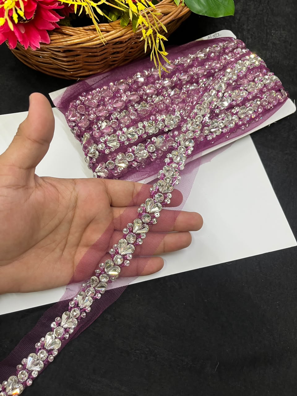 Designer Handmade Crystal Lace for Sarees, Lehengas & Dupattas – Premium Decorative Crystal Lace Border (1 Inch) | DC1012 | Majanta