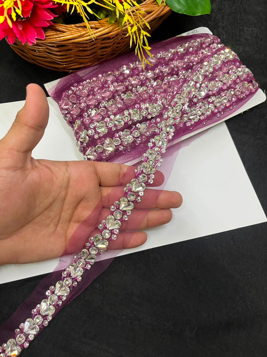 Designer Handmade Crystal Lace for Sarees, Lehengas & Dupattas – Premium Decorative Crystal Lace Border (1 Inch) | DC1012 | Majanta