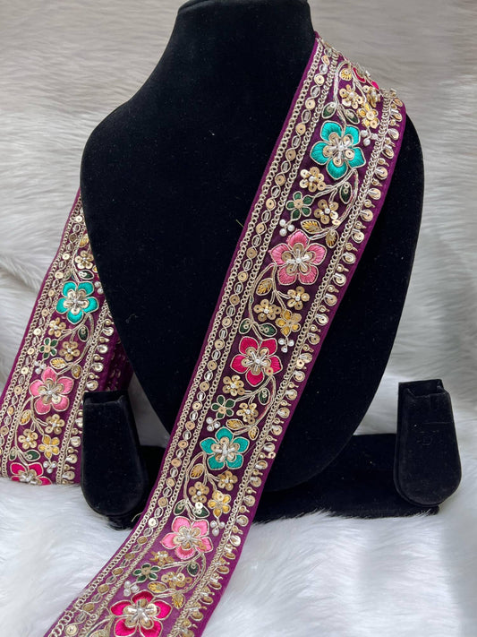 Embroidered Beaded Sequins Lace Borders on Net Fabric – 9 Meters, 2.5-Inch Maggam Work Trim for Sarees & Lehengas | Majanta