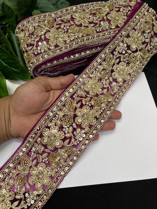 Designer Maggam Work Saree Lace on Net Fabric – Handcrafted Embroidered Lace Border for Sarees, Blouses & Lehengas (3.5 Inch) | Majanta