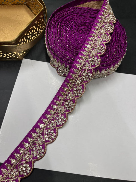 Scalloped Stonework Designer Laces – Elegant Embroidered Border Trim for Sarees, Dupattas & Lehengas (9 Meter, 1.5 Inch Width) | Majanta