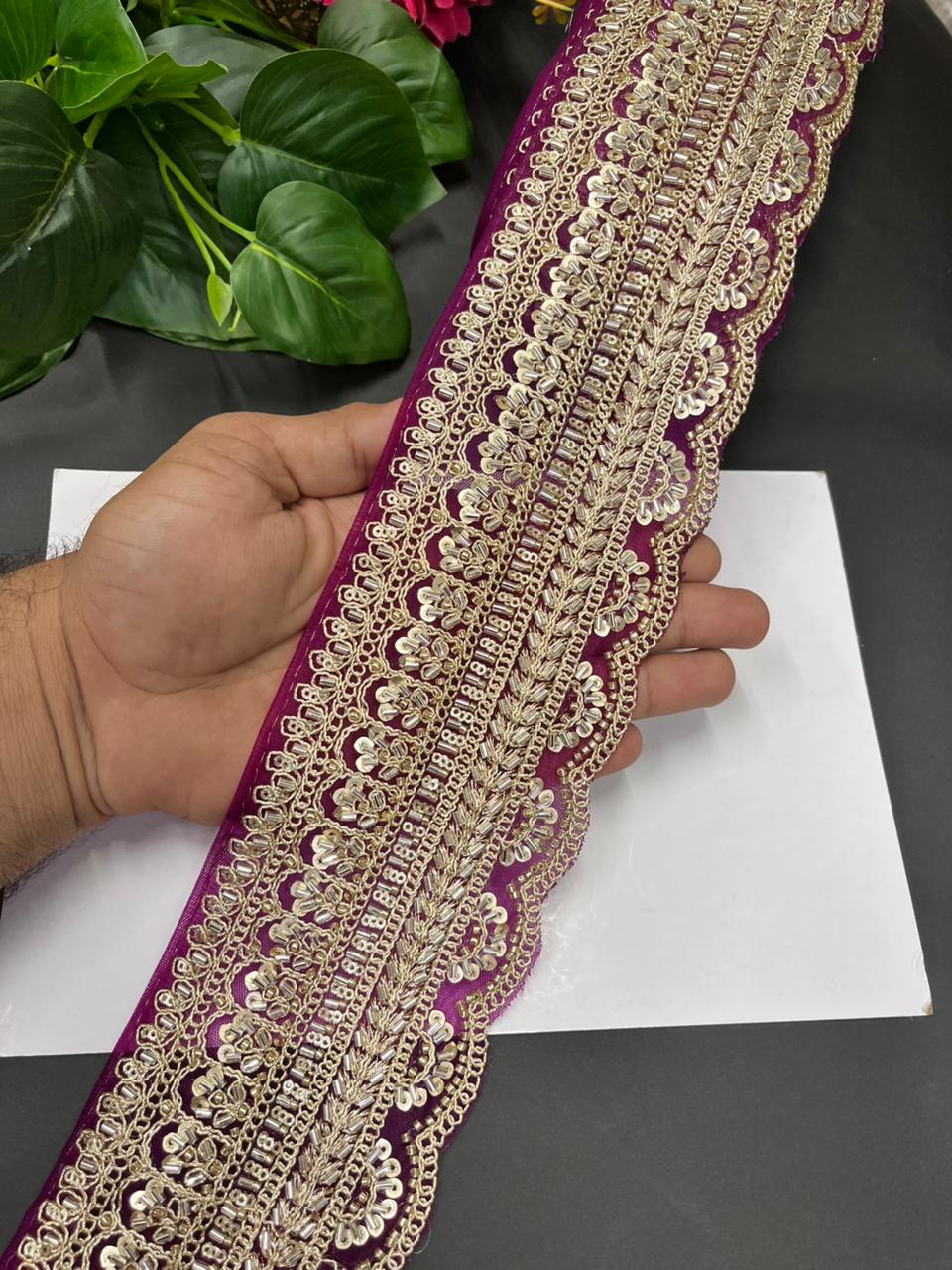 Exclusive Bridal Saree Laces & Borders on Net Fabric – Maggam Work Designer Trim for Sarees, Lehengas & Dupattas (9 Meter, 4 Inch Width) | Majanta