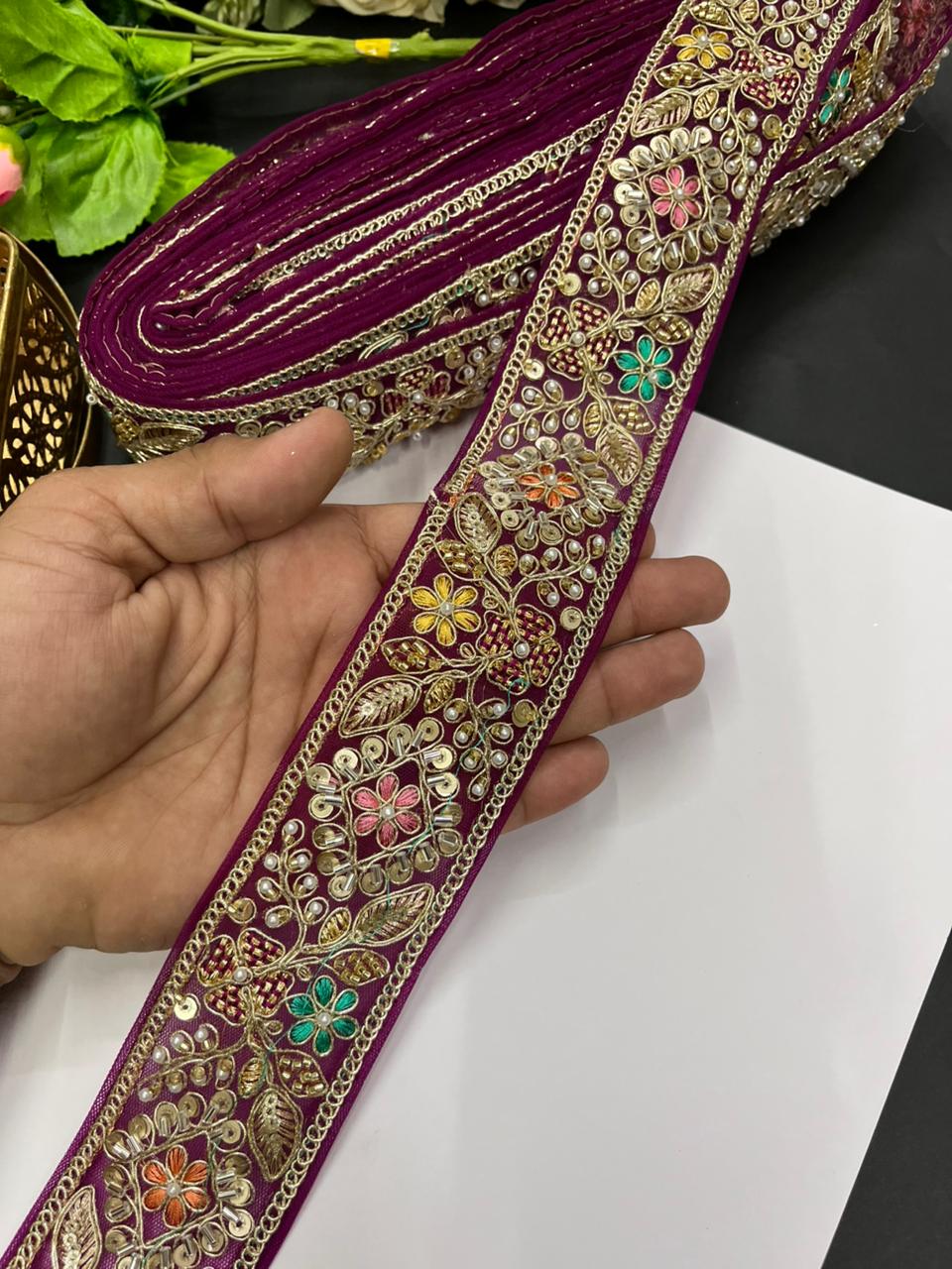 Designer Maggam Work Laces for Sarees – Premium 2 Inch Hand-Embellished Border for Lehengas, Dupattas & Bridal Wear (9 Meter) | Majanta