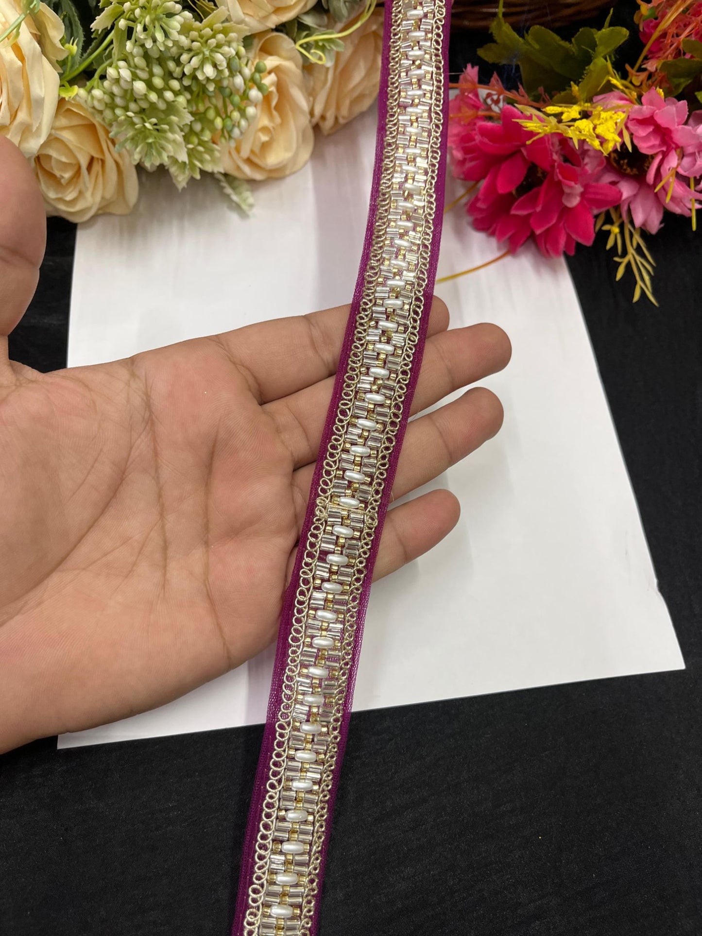 Delicate Pearl Work Designer Saree Laces – 9 Meters, 1-Inch Maggam Work Border for Sarees, Lehengas & Dupattas | Majanta