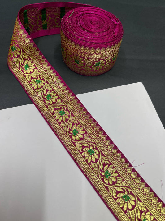 Banarasi Handloom Vintage Pure Silk Border – 9 Meters, 2-Inch Traditional Zari Embroidered Trim for Sarees & Lehengas | Majanta
