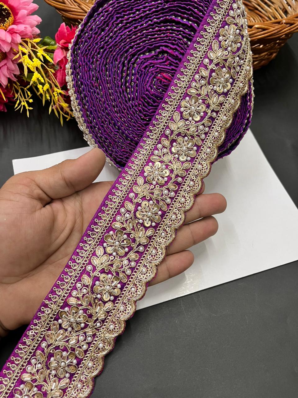 Beaded Embroidered Bridal Laces – Premium Maggam Work Borders for Sarees, Lehengas & Dupattas (9 Meter, 2.5 Inch Width) | Majanta
