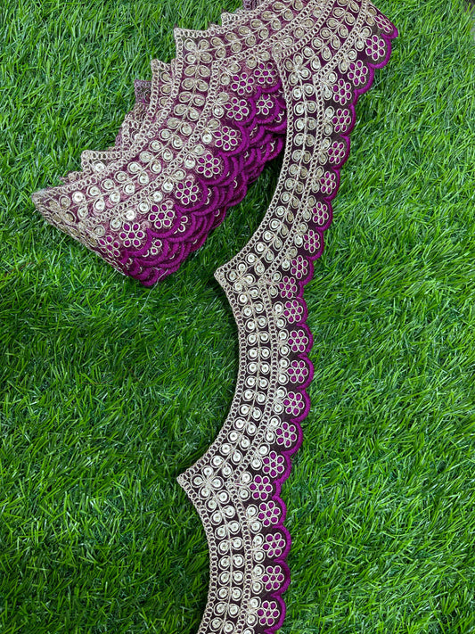Embroidery Scallop Lace | Sequins Embellishment Trim | Craft Decorative Saree Lace – 9 Meters, 2-Inch Width | Majanta