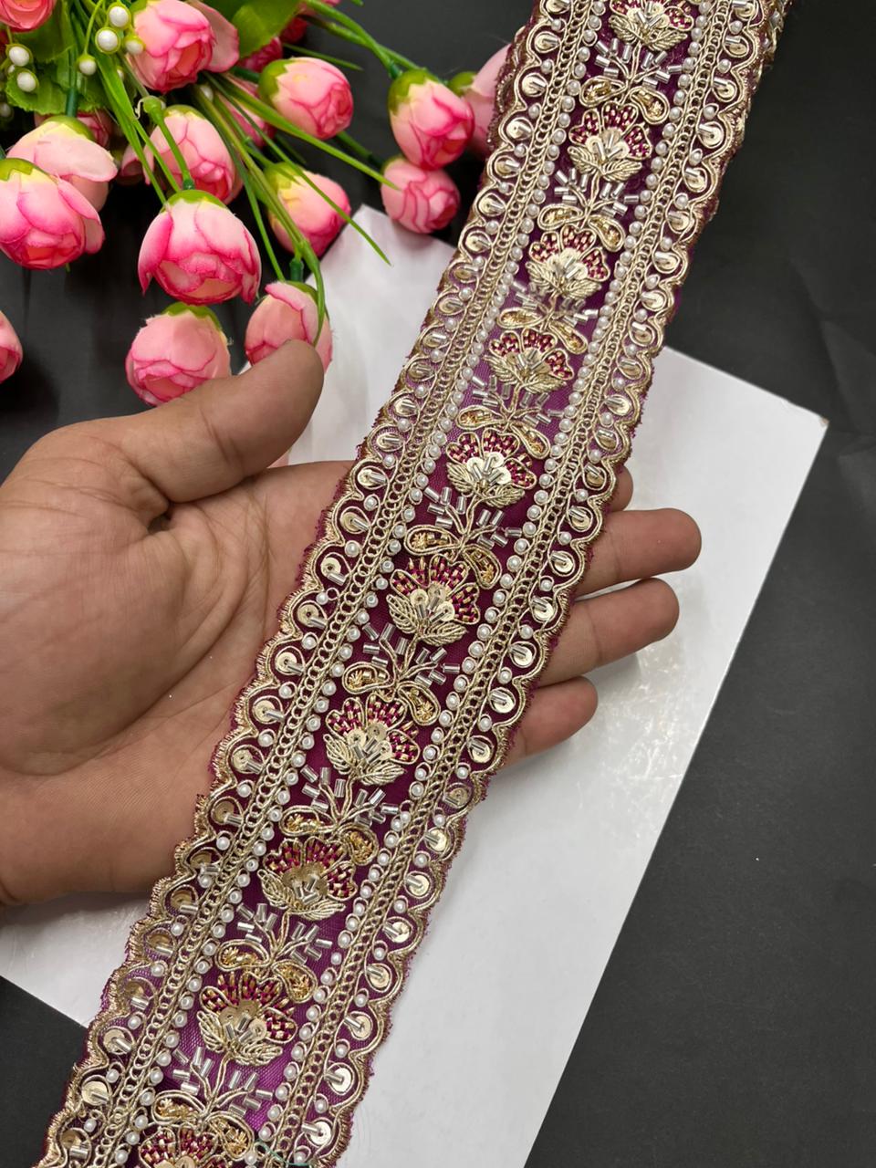 Luxurious Beaded Cutdana Bridal Saree Laces – Heavy Maggam Work Borders for Sarees, Dupattas & Lehengas (9 Meter, 2.5 Inch Width) | Majanta