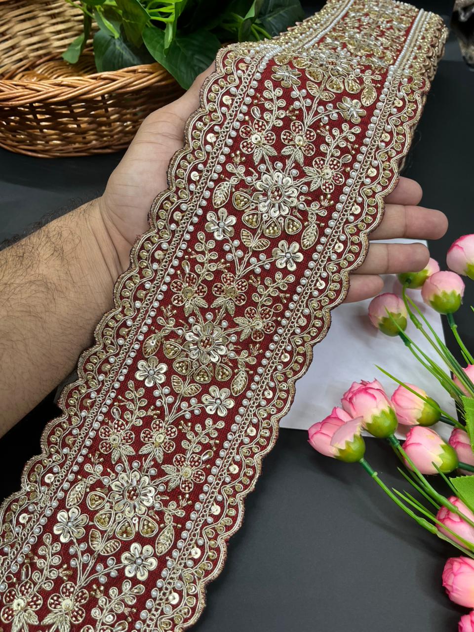 Exclusive Bridal Lace Collection – Premium Heavy Lehenga Border for Sarees, Dupattas & Wedding Outfits (9 Meter, 5 Inch Width) | Maroon