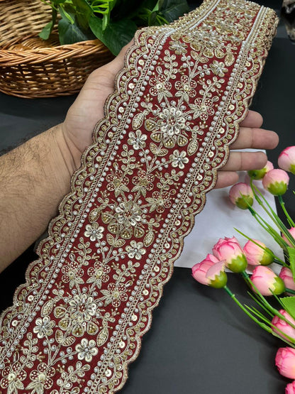 Exclusive Bridal Lace Collection – Premium Heavy Lehenga Border for Sarees, Dupattas & Wedding Outfits (9 Meter, 5 Inch Width) | Maroon