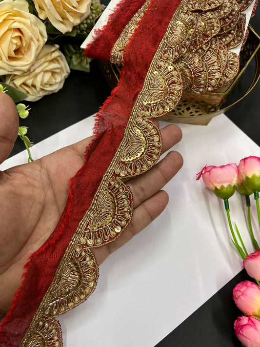 Scalloped Zardosi Work Handmade Saree Borders – Premium 1.5 Inch Maggam Work Lace for Bridal & Festive Wear (9 Meter) | Maroon