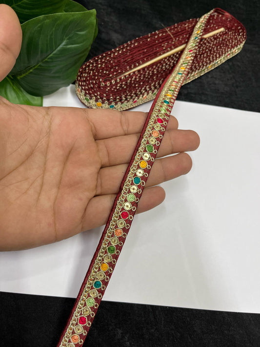 Multicolored Sabyasachi Inspired Embroidered Lace – 9 Meters, 0.5-Inch Designer Trim for Sarees, Lehengas & Dupattas | Maroon