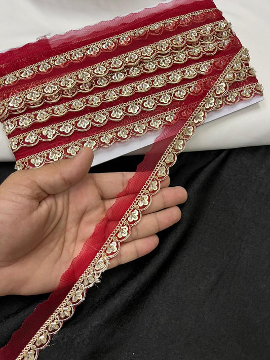 Scalloped Cutdana Work Lace for Sarees & Dupattas – Designer Maggam Work Lace Border (Half Inch) | Maroon
