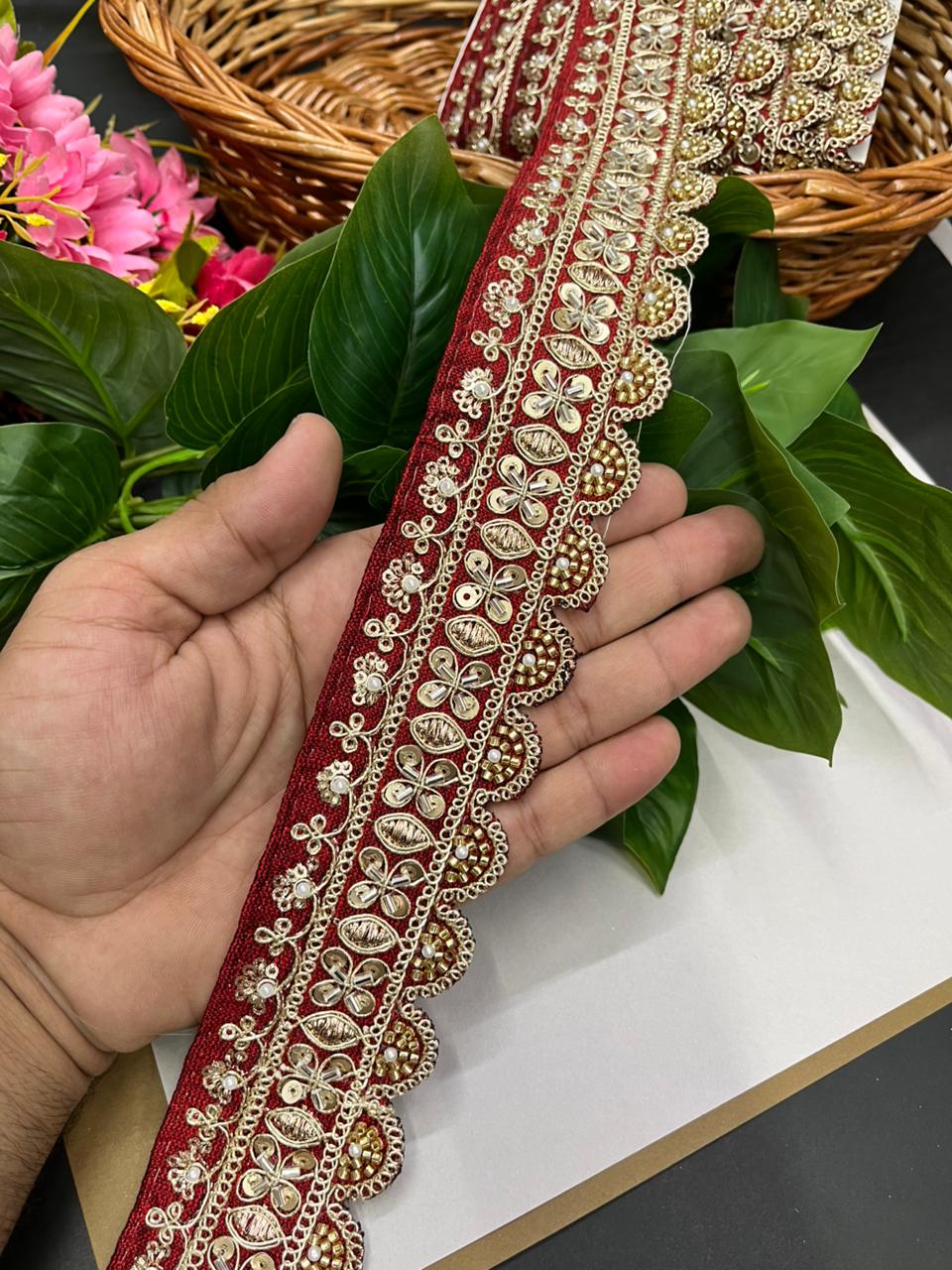 Exclusive Maggam Work Embellished Saree Lace – Designer Handcrafted Border for Sarees, Dupattas & Lehengas (9 Meter, 1.5 Inch Width) | Maroon