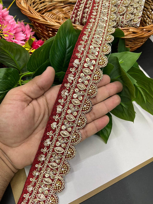 Exclusive Maggam Work Embellished Saree Lace – Designer Handcrafted Border for Sarees, Dupattas & Lehengas (9 Meter, 1.5 Inch Width) | Maroon