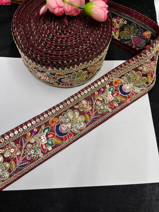 Peacock Design Sequins Work Embroidered Lace Designs – Premium Designer Embroidered Lace | Maroon