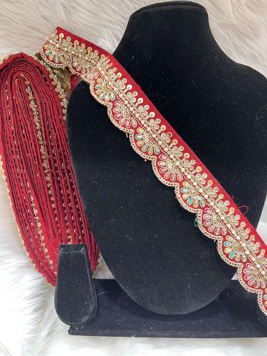 Scalloped Handwork Cutdana & Pearl Embroidered Saree Lace – 9 Meters, 1.5-Inch Maggam Work Border Trim | Maroon