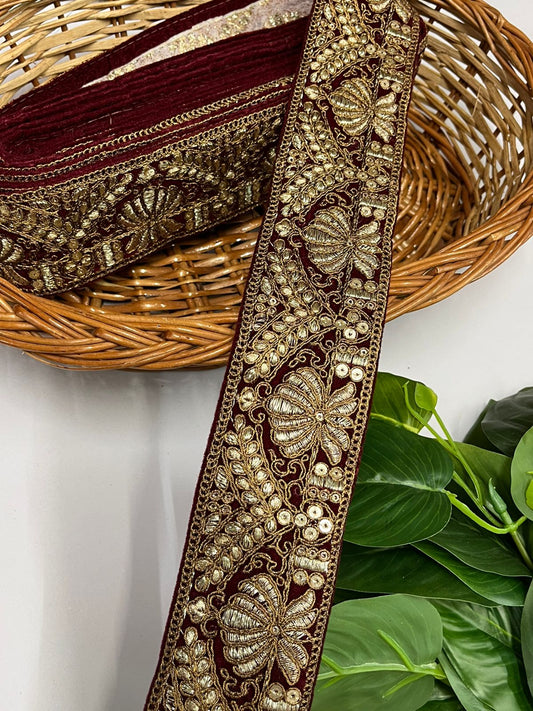 Velvet Lace Design with Zari Work Lace Reel for Dupatta, Kurtis, Suits, Bags, and Lehengas (9 Mtr) | Maroon