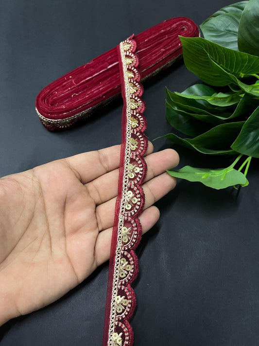 Gold Sequin Embroidered Lace on Net Fabric – Tone-to-Tone Design for Sarees, Dresses & Crafts – 9 Meter | Maroon