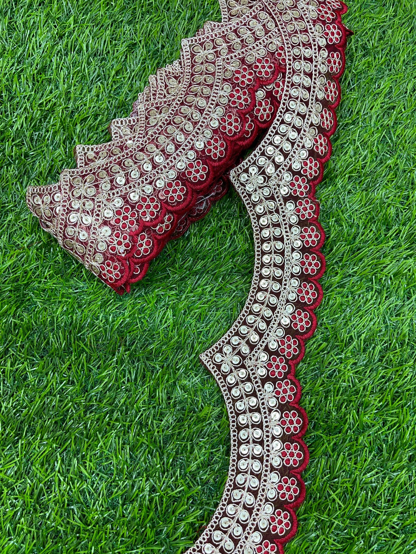 Embroidery Scallop Lace | Sequins Embellishment Trim | Craft Decorative Saree Lace – 9 Meters, 2-Inch Width | Maroon