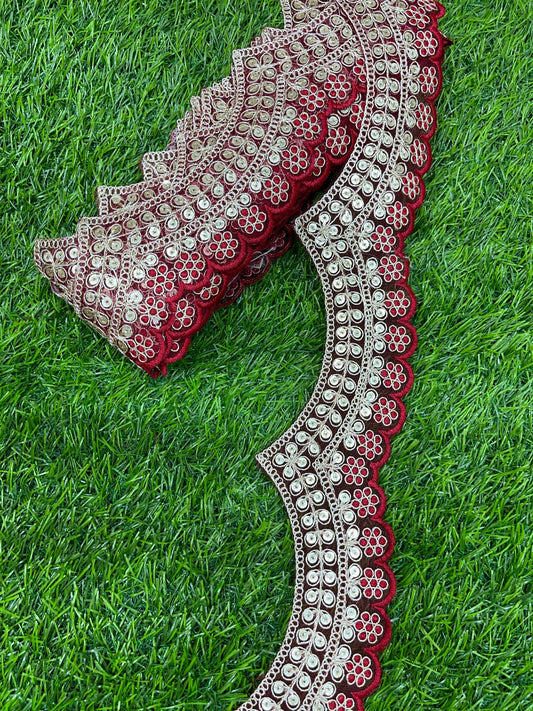 Embroidery Scallop Lace | Sequins Embellishment Trim | Craft Decorative Saree Lace – 9 Meters, 2-Inch Width | Maroon