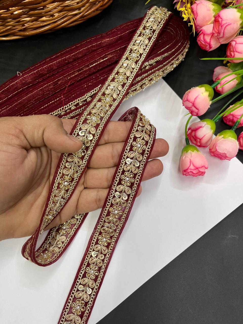 Designer Maggam Work Lace for Sarees – Premium 1 Inch Hand-Embellished Border for Lehengas, Dupattas & Bridal Wear (9 Meter) | Maroon